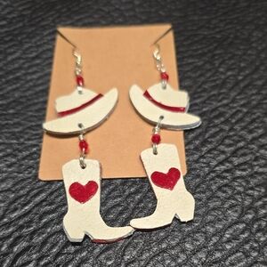 Cowboy Hat and Boot Earrings with Red Hearts Genuine leather handmade